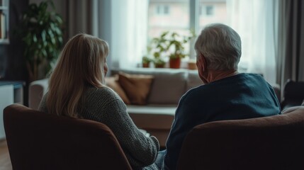 Elder abuse awareness raised by a caregiver and senior in a calm living room. Featuring vigilance and support
