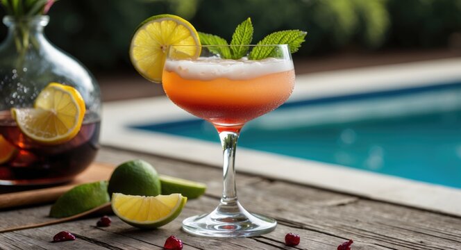 Cocktail glass with layered orange and red drink garnished with lemon slice and mint leaves on wooden table by swimming pool.