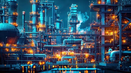 Nighttime Industrial Scene with Bright Lights and Machinery Details