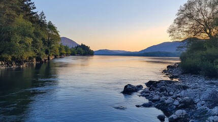 Serene River Sunset Landscape with Majestic Mountains