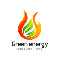 Green leaf with fire flame logo. Nature energy Concept Design