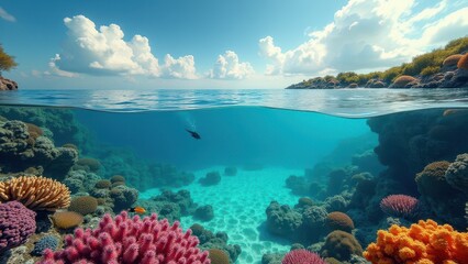 Fototapeta premium Split view of vibrant coral reef with colorful fish underwater and clear sky with clouds above 