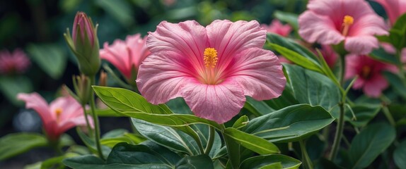Obraz premium Hibiscus flowers in full bloom surrounded by lush green foliage under natural lighting in a garden setting