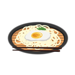 Beef ramen noodles - bowl with noodle, meat pieces and vegetables. vector illustration