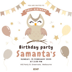 Invitation to a children's party with a cute owl in pastel colors
