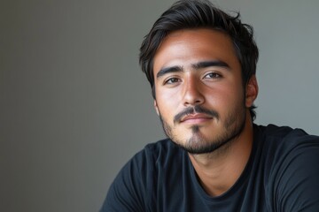 Obraz premium Portrait of a young man with dark hair and a beard against a neutral background showing calm confidence