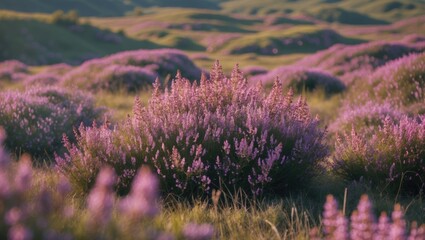 Obraz premium Lavender fields in full bloom with vibrant purple flowers under soft daylight in a serene landscape setting
