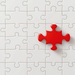 A red puzzle piece stands out against a mostly white puzzle background, symbolizing uniqueness and the importance of each individual part in a whole.