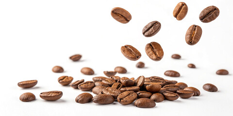 Obraz premium A Captivating Image of Falling Coffee Beans Isolated on a White Background for Coffee Lovers