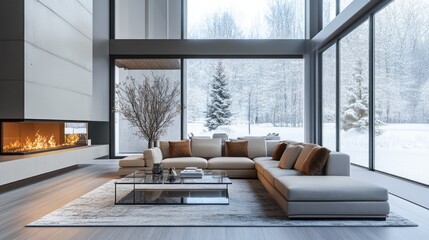 Modern Living Room with Fireplace and Snow View
