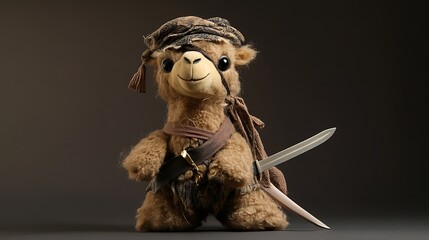 Plush camel dressed as a pirate with a tiny sword