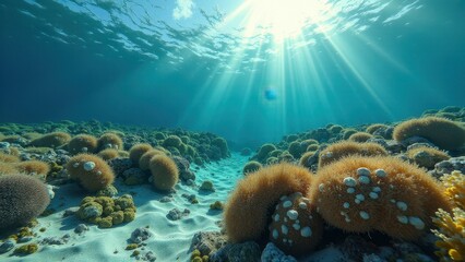 Split view of underwater coral reef and coastal landscape with clear water under partly cloudy sky	