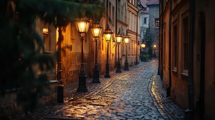 Fototapeta premium Serene Cobblestone Alleyway with Vintage Street Lamps at Dusk