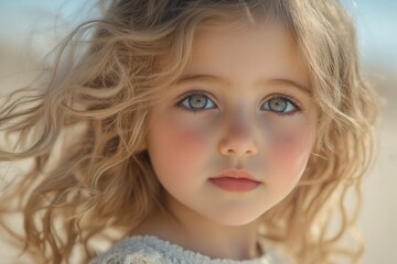Fototapeta premium Young girl with curly hair gazes thoughtfully at the camera under soft daylight in a tranquil outdoor setting