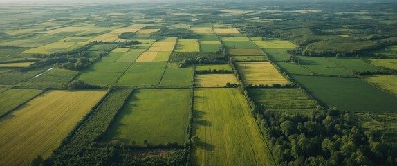 Aerial view of patchwork farmland with green fields and trees under clear sky in rural landscape during daylight