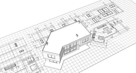 residential architecture house plan 3d illustration