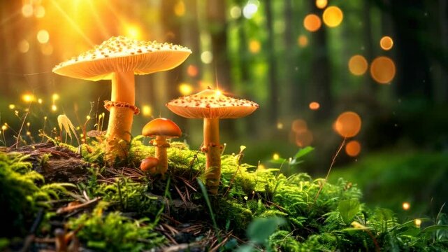 Three Mushrooms in a Magical Forest at Dawn Perfect for Fantasy Backgrounds and Artwork Inspiration Images and Posters and Social Media Posts and Prints and More Ideas. For Example  Posters and