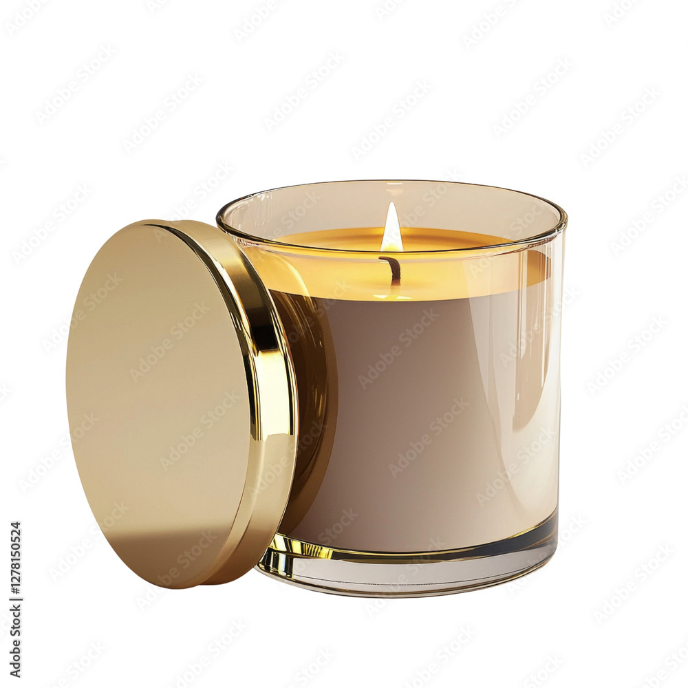 Poster elegant candle in glass container with gold lid, glowing softly. perfect for creating warm ambiance 