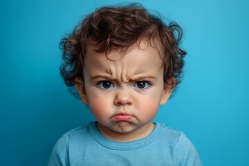 Naklejka premium Child with curly hair demonstrates deep frown against vibrant blue background in indoor setting