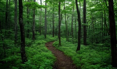 Fototapeta premium Winding forest trail, lush greenery, misty day, nature scene, hiking backdrop