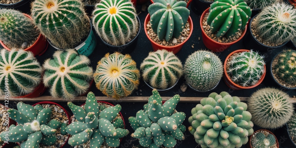 Poster various types of cacti in pots arranged on a table top view showcasing unique shapes and textures wi