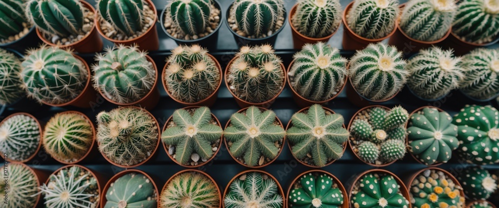 Poster top view of various potted cacti arranged in rows on a display table showcasing their unique shapes 