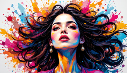 Obraz premium Vibrant portrait of woman with flowing hair, colorful splashes in background