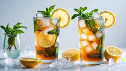 Fototapeta premium Iced tea drinks with lemon and mint garnishes in glasses with lemon slices and ice on a light background