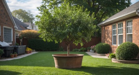 Potted tree in backyard garden with well-maintained lawn and residential buildings during daytime