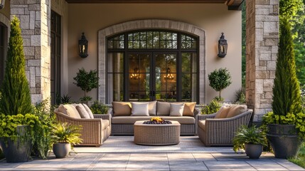 Fototapeta premium Luxury Patio Design: Fire Pit, Wicker Furniture, and Tranquil Garden