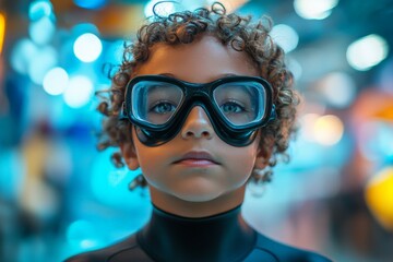 Young boy preparing for an underwater adventure in a bright aquatics center with diving gear on his face