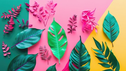 Fototapeta premium Colorful tropical leaves arranged on a split background with pink, green, and yellow tones creating a vibrant natural composition