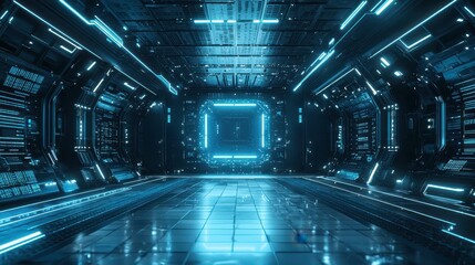 Fototapeta premium Futuristic Cyber Corridor with Neon Lights and Digital Elements