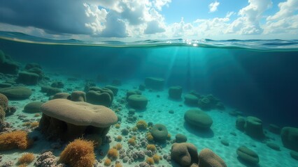 Naklejka premium Split view of underwater coral reef and coastal landscape with clear water under partly cloudy sky 