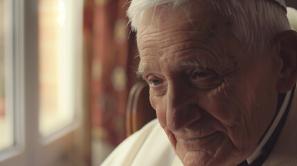 Serene elderly man in papal attire sitting in a quiet chapel, symbolizing spiritual and physical well-being, representing peace and contemplation.