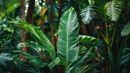 Tropical foliage with large green leaves in a dense lush jungle environment capturing rich textures and vibrant hues of nature