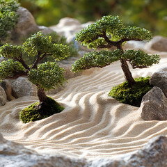 Zen Garden Tranquility: A minimalist Zen garden landscape, featuring meticulously raked sand patterns, two bonsai trees, and moss-covered stones, exuding serenity and mindfulness.