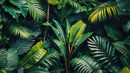 Tropical green foliage background with various leaf shapes and textures in a dense jungle setting