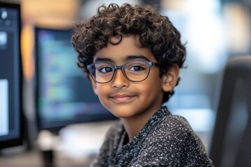 Young boy engaged in coding at a computer in a modern tech environment