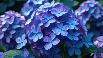 Blue and purple hydrangea flowers in full bloom surrounded by green leaves, close-up floral photography.