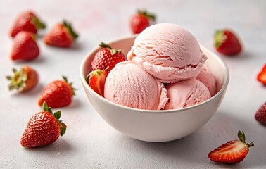 Delicious strawberry ice cream in a bowl, beautifully displayed against a soft light background.