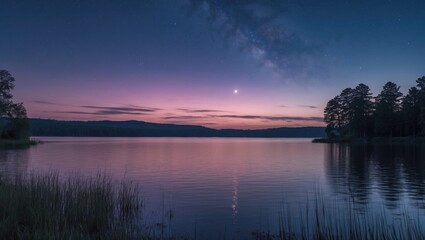 Obraz premium Twilight over calm lake with reflection of trees and the Milky Way in the sky at dusk in a serene landscape setting.