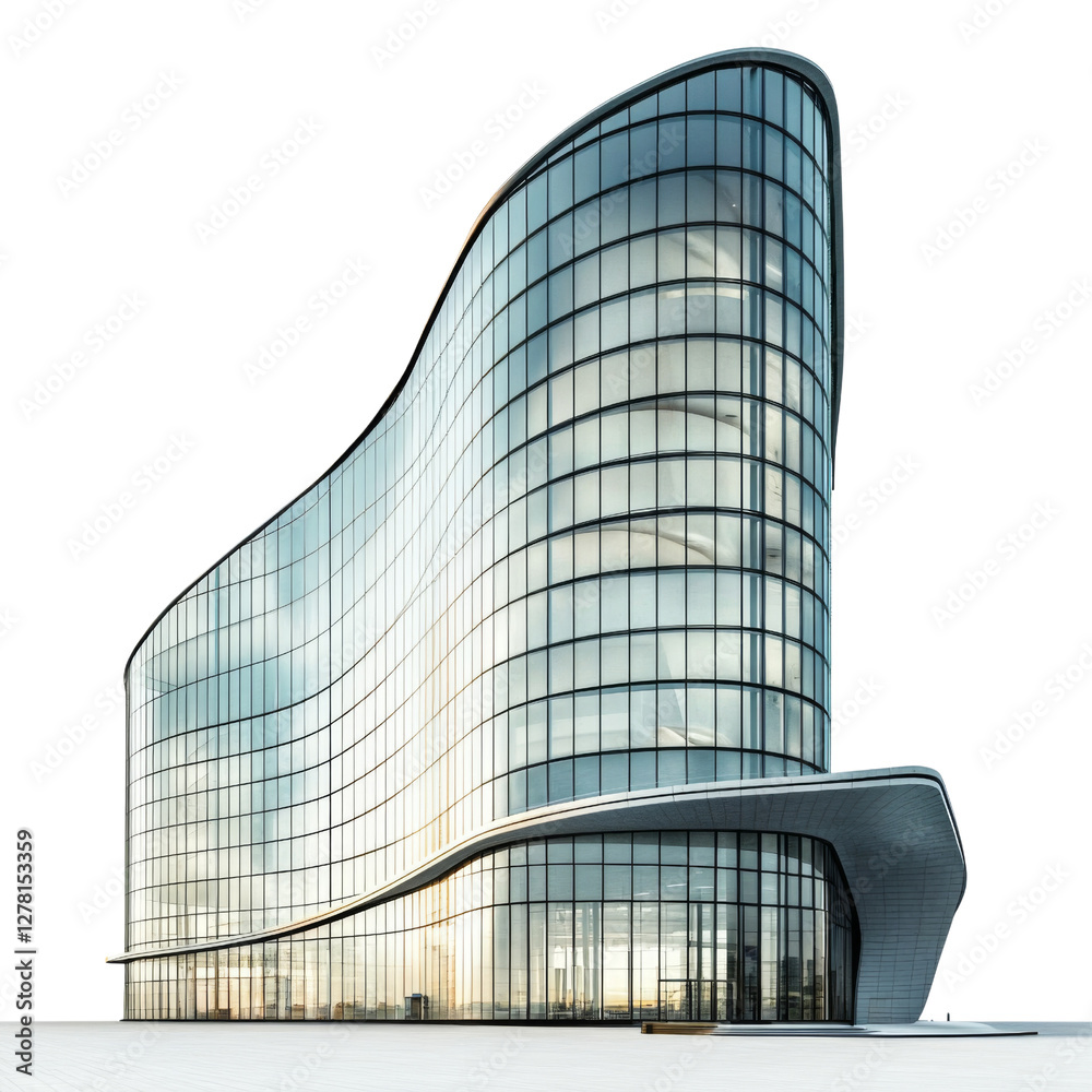 Poster modern glass building with unique curved design and reflective surfaces, showcasing contemporary arc
