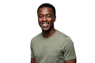Portrait of a smiling African American guy with casual t-shirt, isolated on transparent background