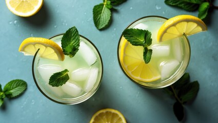 Refreshing lemonade drinks with ice and mint leaves on a blue background decorated with lemon slices and mint leaves.