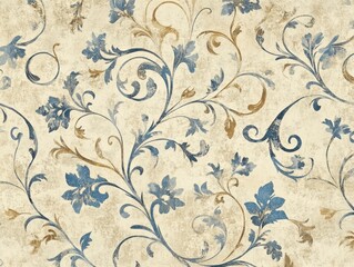 Elegant floral pattern with blue and gold accents on a textured beige background creating a vintage and artistic wallpaper design