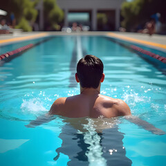 Male swimmer in the swimming pool. He practices one afternoon