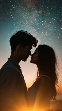 Romantic silhouette of a couple beneath a starry sky at sunset