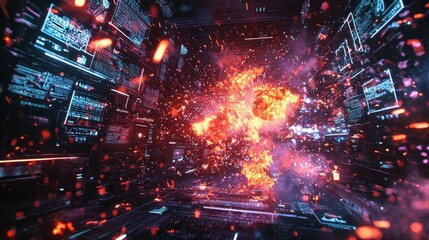 Obraz premium Explosive Digital Fire Erupting in Futuristic Data Environment