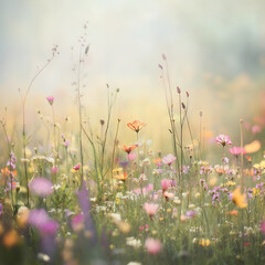 Fototapeta premium Blooming Field: A vibrant tapestry of wildflowers, painted with soft, dreamy light. A gentle breeze whispers through the scene, carrying the scent of summer in a painterly, captivating moment.